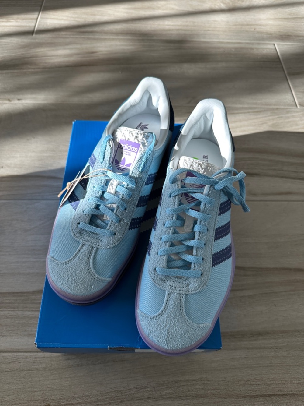 adidas Light Blue Suede & denim Sneakers with Navy Stripes, Size 7 1/2